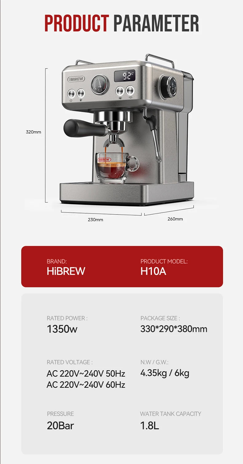 Espresso-Maschine 2025: HiBREW 20Bar Semi-Automatic H10A Temperatur-Einstellbar 58mm Portafilter Professional Barista Collection