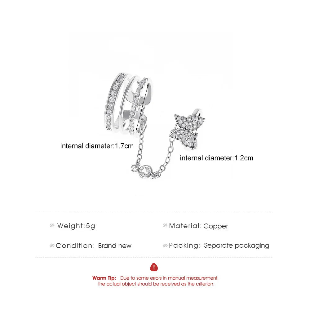 Inel fluture de culoare argintie pentru femei, lanț cu ciucuri și micro-incrustări de zirconiu, inele duble deschise, bijuterii cadou KDR021