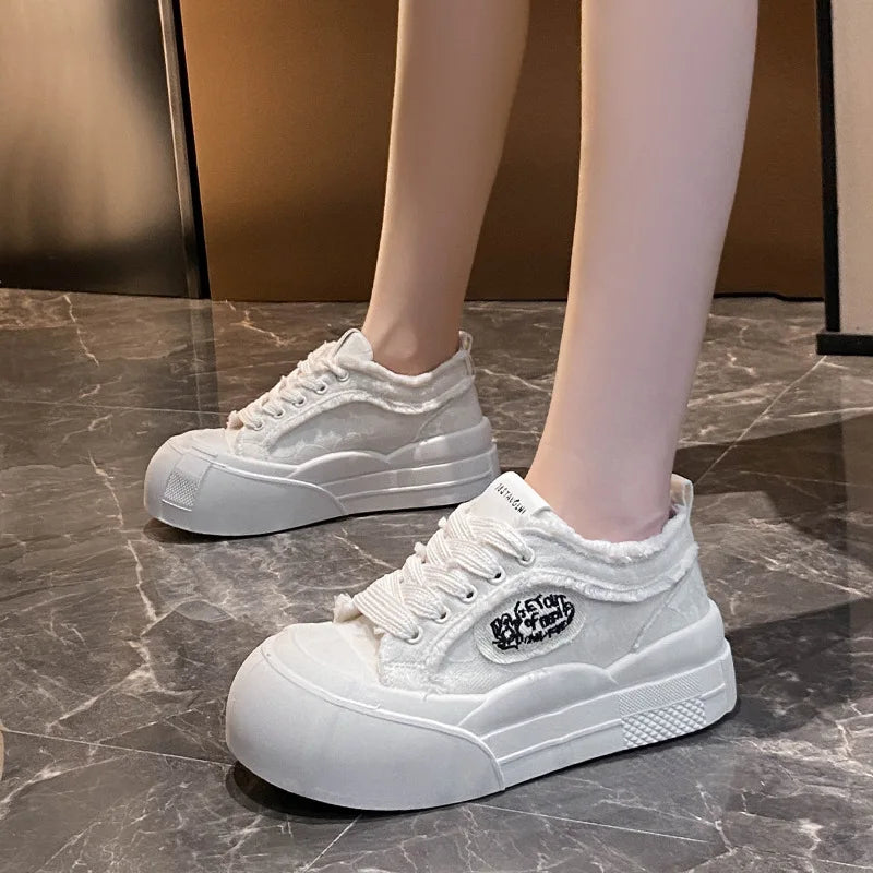 Womens Platform Sneakers White Tennis Shoes Woman Casual Low Top Fashion Chunky Canvas Sneakers 2025 New Spring Summer Trainers