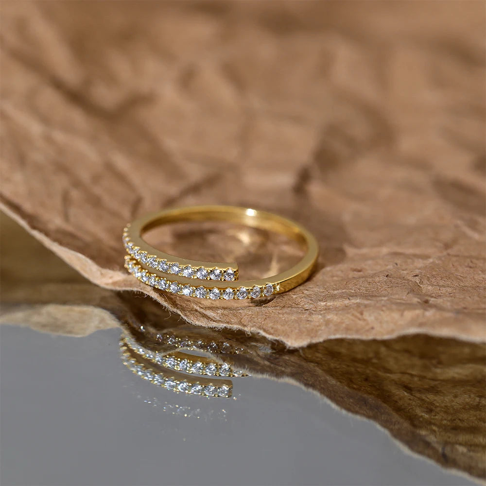 Aide 925 Sterling Silver Double Layers Sparkling CZ Zircon Pave Adjustable Rings For Women Luxurious Versatile Stackable Ring