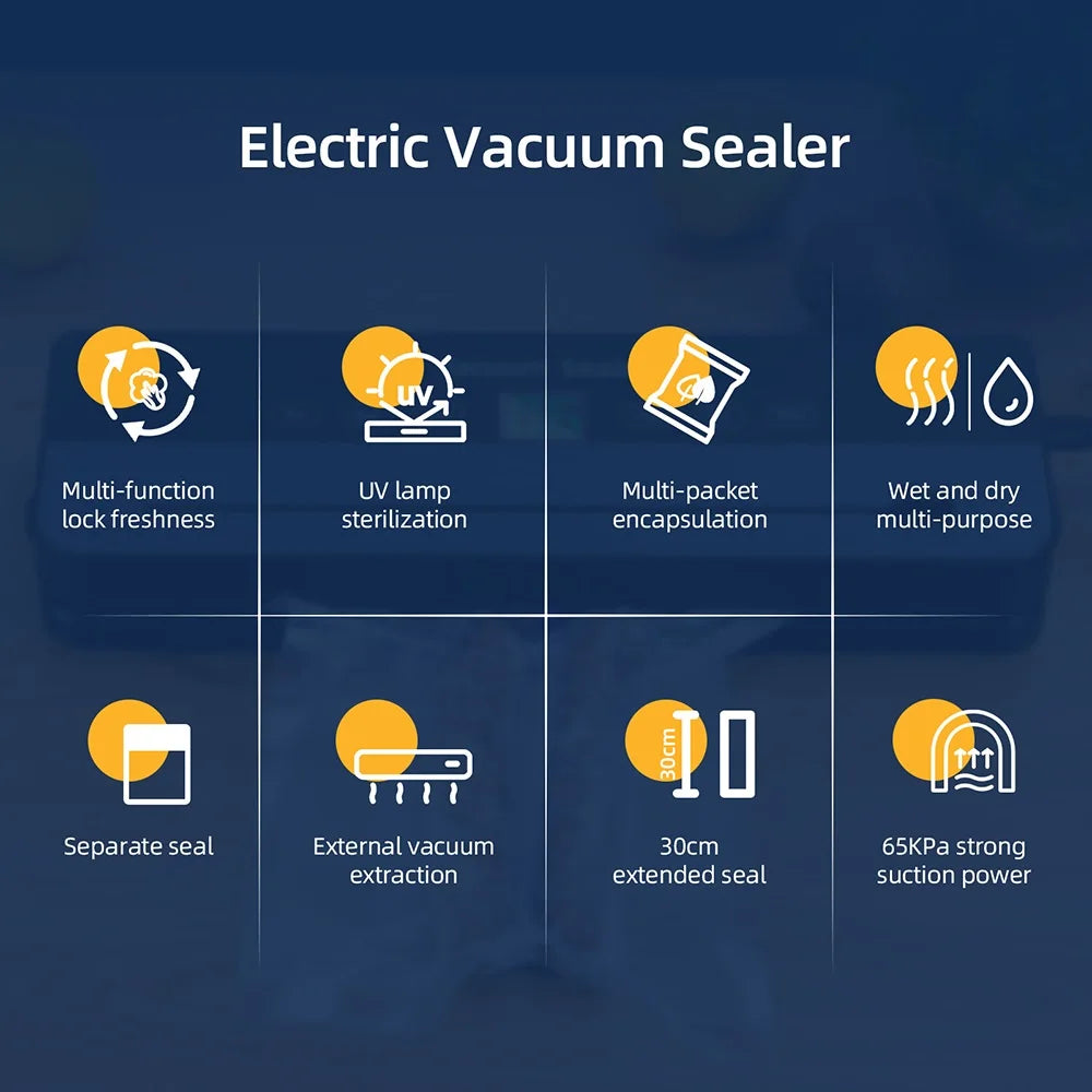 Electric Vacuum Sealer Machine Dry/Wet Food Packaging Seal To Keep Fresh Touch Buttons Digital Display Detachable Cleaning