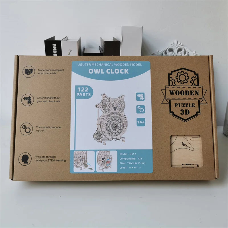Holz-Puzzle 2025: Wooden 3D Owl Clock Model - Creative DIY Wall Clock Mechanical Retro Pendulum Collection