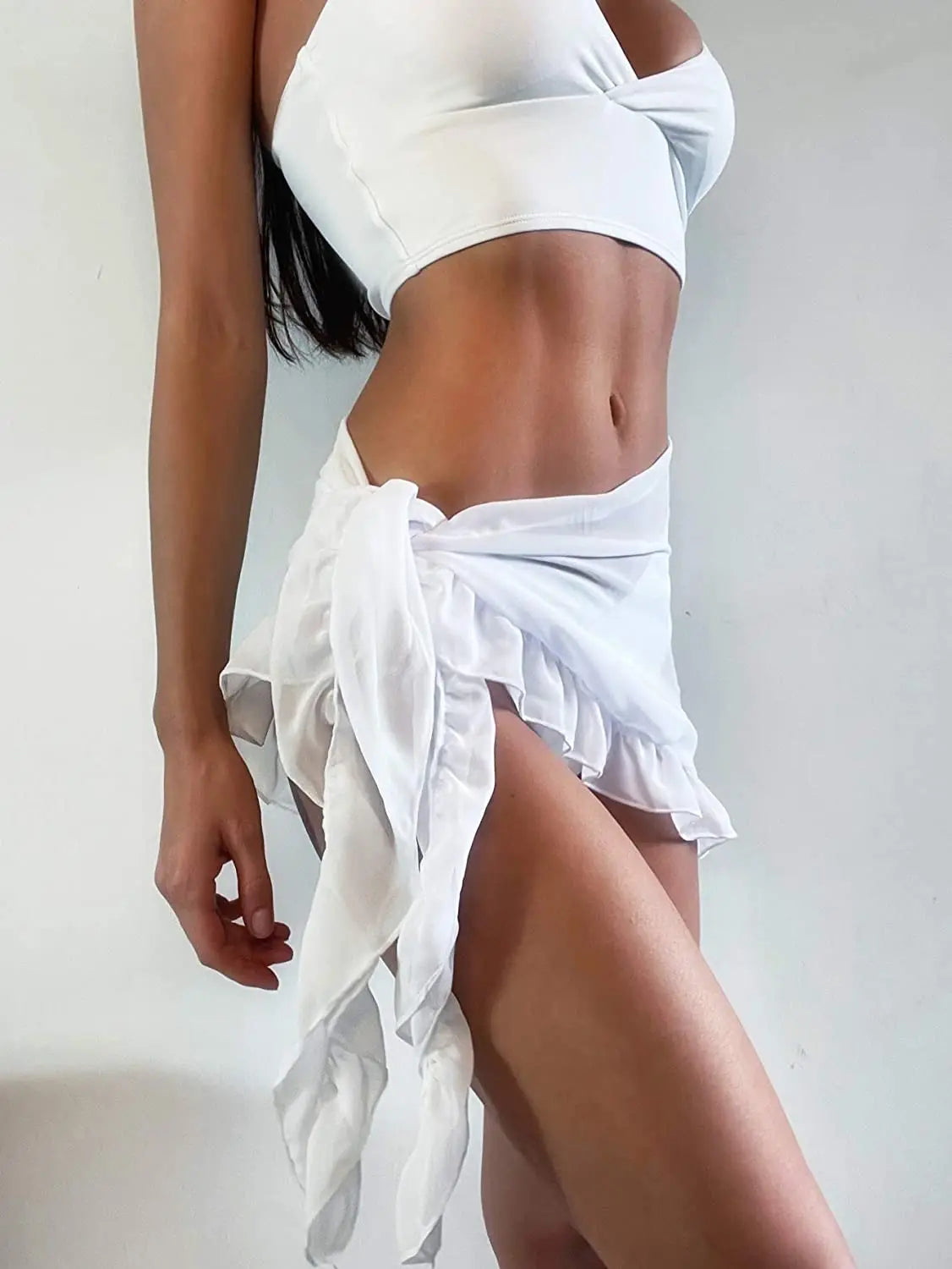 Badeanzug Coverups Für Frauen Rüschen Saum Sarong Strand Bikini Wrap Durchsichtig Kurzer Rock Chiffon Schal Für Schwimmbekleidung