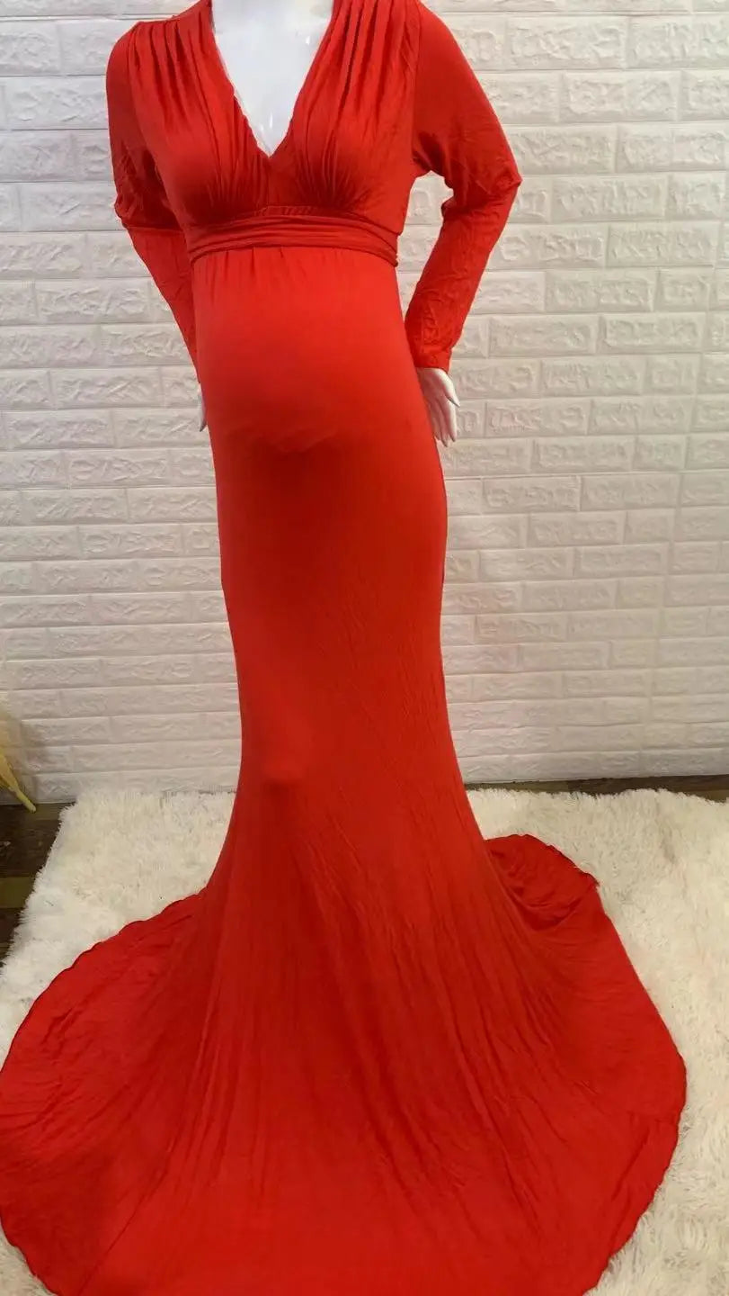 Rochie de maternitate pentru femei, primăvară-toamnă, elegantă, subțire, cu decolteu în V, mânecă lungă, tip sirenă, Maxi, pentru fotografie, ședință foto pentru bebeluși