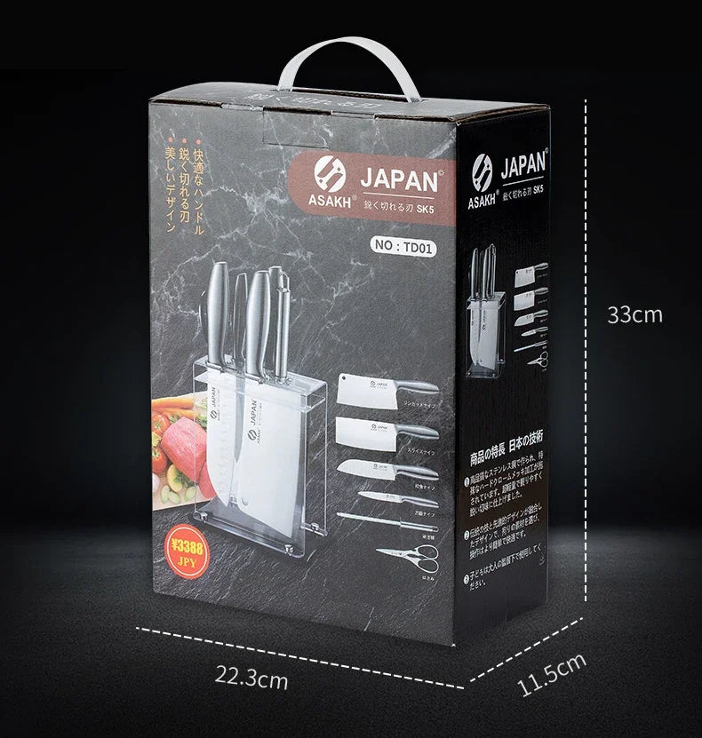 Chef Knife 7-piece Set Stainless Steel Hollow Handle Slice Meat Cleaver Chopping Knife Kitchen Scissors with Sharpening Rod