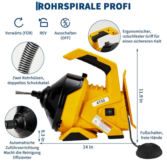 HiMISS Rohrreiniger Automatischer Abflussreiniger - Kabel 9 m Fußpedal 230 V by Golden Bridge Store