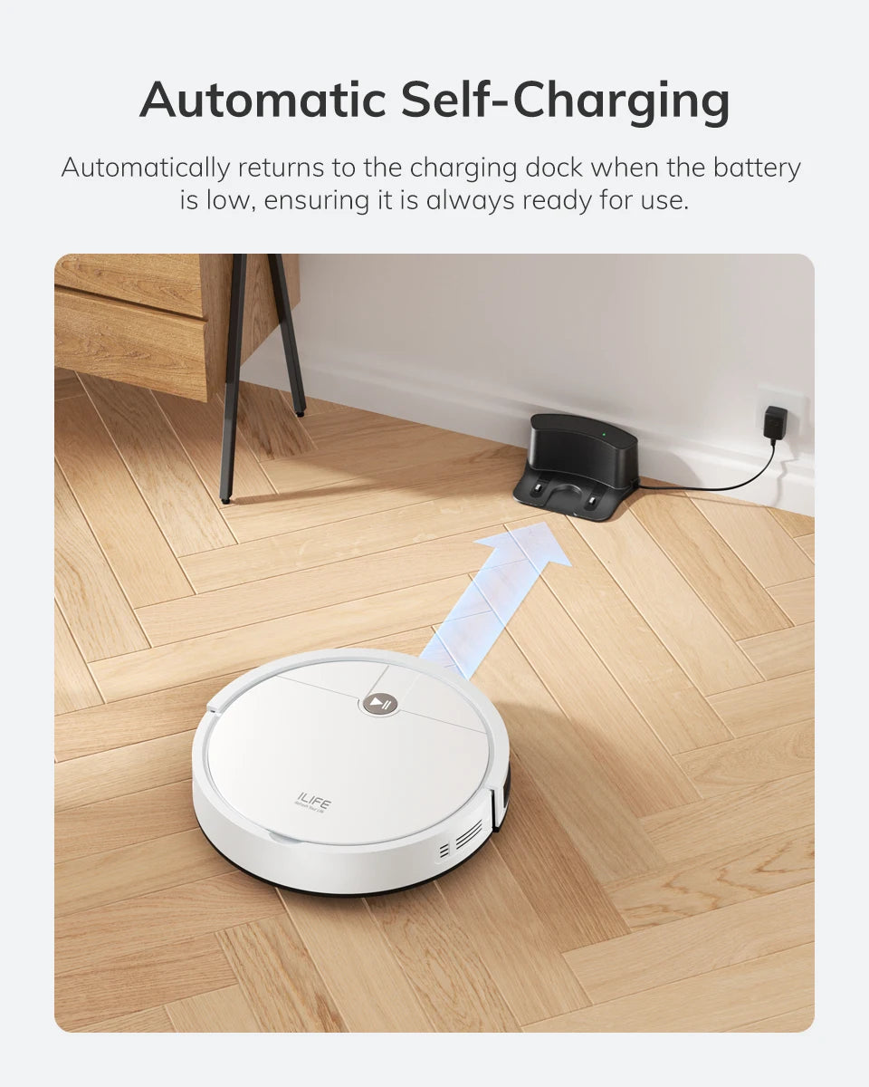 Aspirator robot ILIFE V2, autonomie de 120 de minute, aspirator robot cu autoîncărcare, subțire, silențios, ideal pentru păr de animale și podele dure