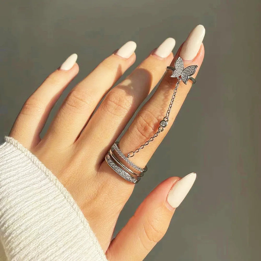Silver Color Butterfly Ring For Women Ins Fashion Micro Inlaid Zircon Tassel Chain Double Open Rings Finger Jewelry Gifts KDR021