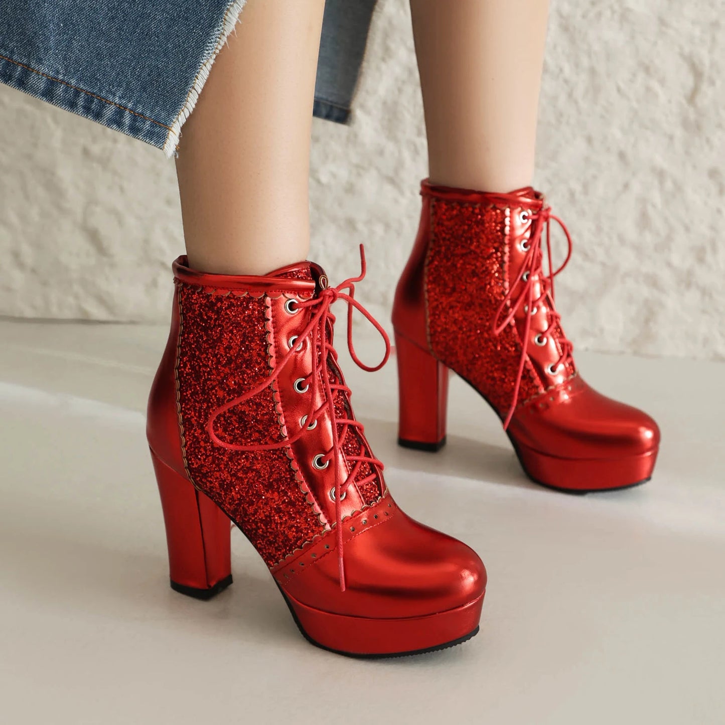 Women Ankle Boots Gold Silver Red Platform Shoes Elegant Studded Sequin Lace Up Autumn Winter Comfy Stable Chunky High Heels