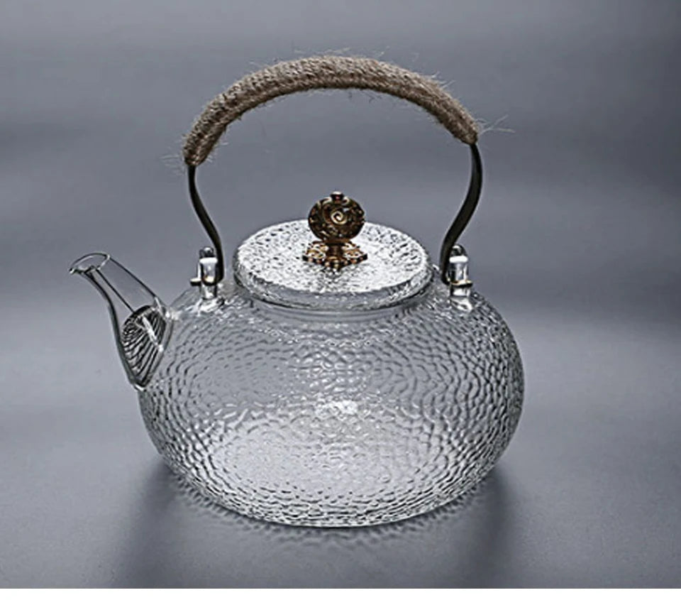 Ceainic de sticlă rezistent la temperaturi ridicate, set de ceai, ceainic de flori cu textură ciocănită manual, cu mâner pentru a face ceainic Gaiwan Pu Erh