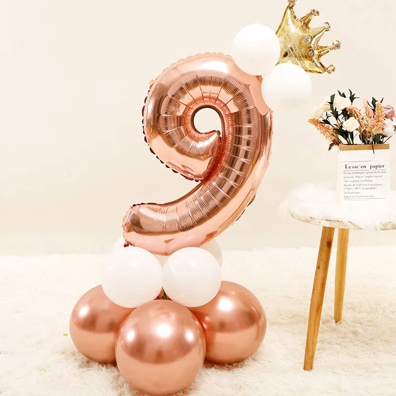 Chrome Rose Gold 32inch Number Foil Column Balloons Happy Birthday Party Decorations Kids Boy Girl 1 2 3 4 5 6 7 8 9 Year Old