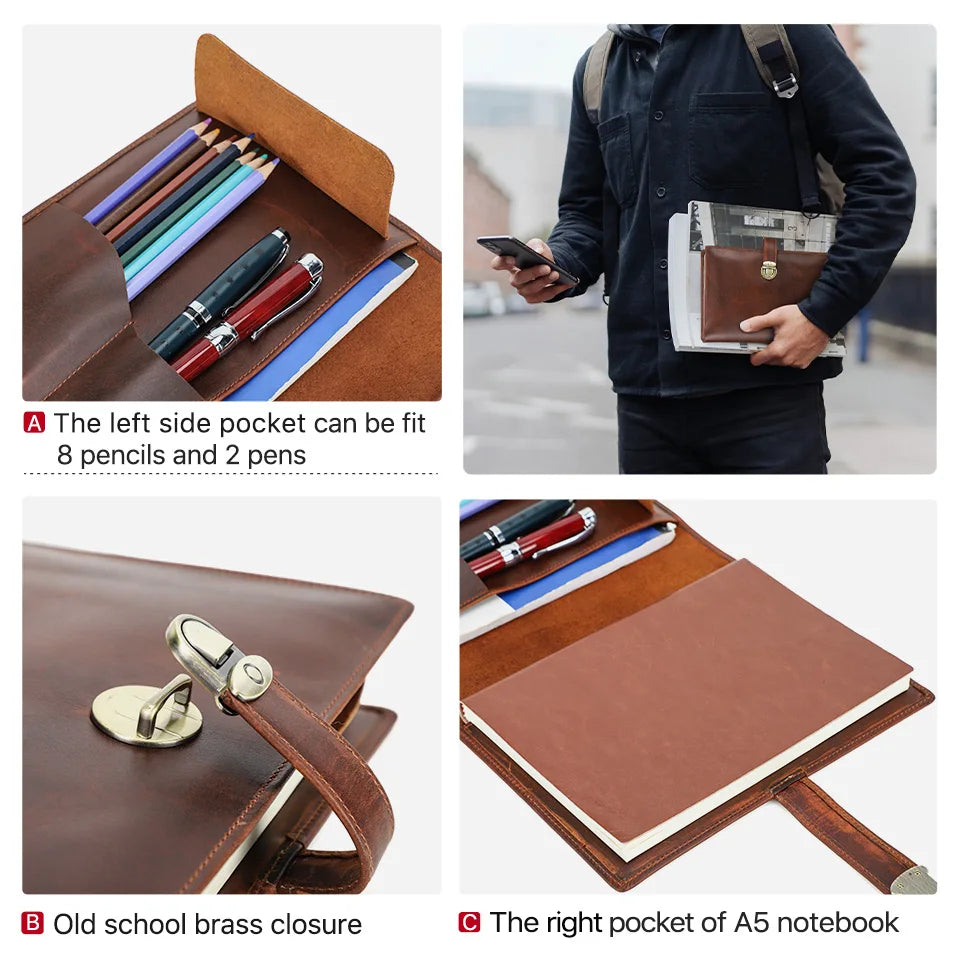 Luxury Retro Genuine Leather Notebook A5 Cover Case with Pen Holder Metal Buckle Journal Office Diary Travel Handmade Sketchbook