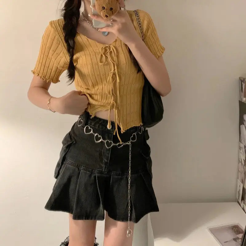 Knitted TShirt For Women V-neck Summer Simple Versatile Casual Crop Tops Bandage Ribbed Short Sleeve Women's Top T-Shirt Girl