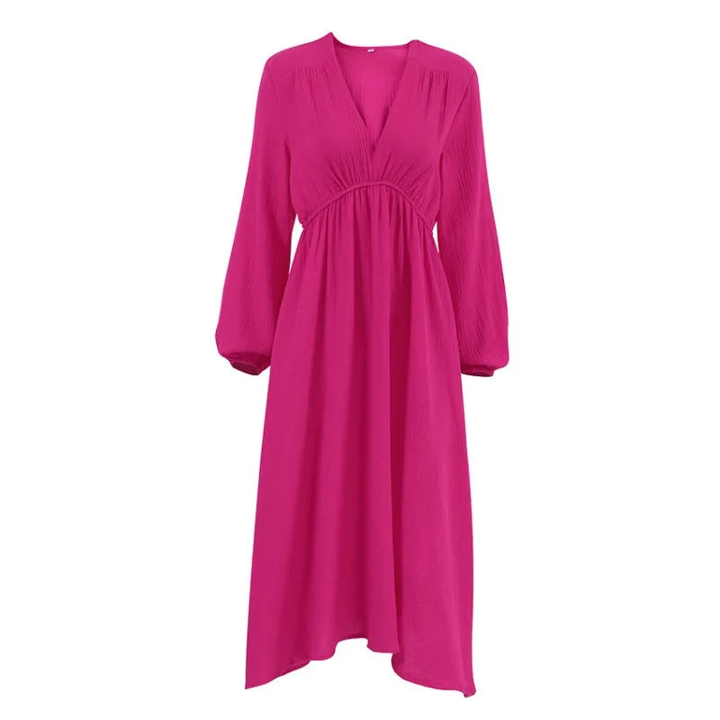 Elegant Dresses For Women 100% Cotton Muslin Long Sleeve V-neck Casual Party Holiday Beach White Black Robes Vestidos de Mujer