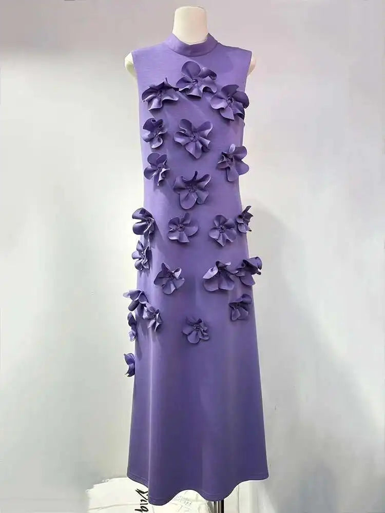 EWQ Elegant Female Evening Dress 3D Floral Design Stand Collar Sleeveless Temperament Women Slim Dresses 2025 Spring Red Robe