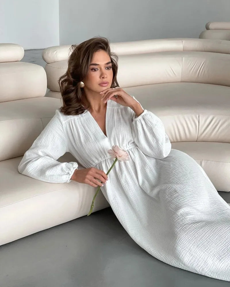 Elegant Dresses For Women 100% Cotton Muslin Long Sleeve V-neck Casual Party Holiday Beach White Black Robes Vestidos de Mujer