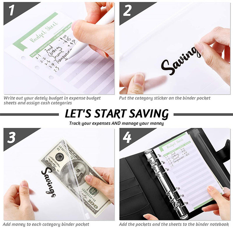 PU Leder Notizbuch A6 2025 - DIY Planner Organizer 8 Taschen Budget Sheets Schule
