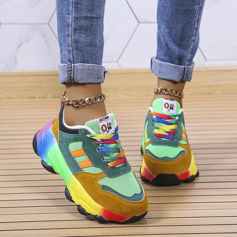 Damen Tennis Sneakers Casual Running Schuhe Rainbow Vulkanisierte Schuhe Schnürung Platform Schuhe Komfortabel