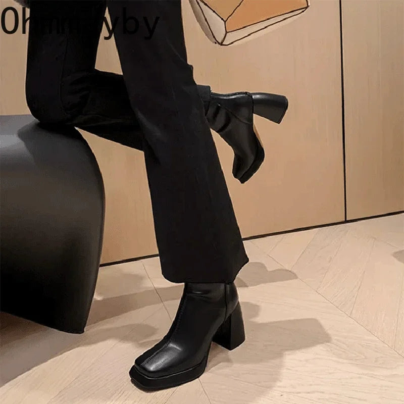 Ohmmayby Vintage Square Toe Damen Stiefeletten Mit Reißverschluss Hinten - Größe EU 37-41, Absatzhöhe 5-8 cm, Knöchelhöhe