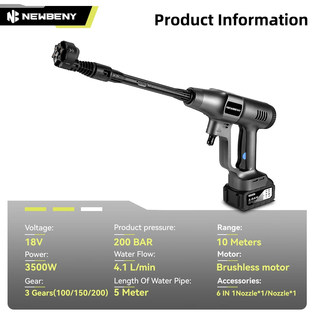 NEWBENY 200Bar Brushless Hochdruck-Wasserpistole 3500W Akku-Elektrosprühgerät Gartentool Für Makita 18V Batterie