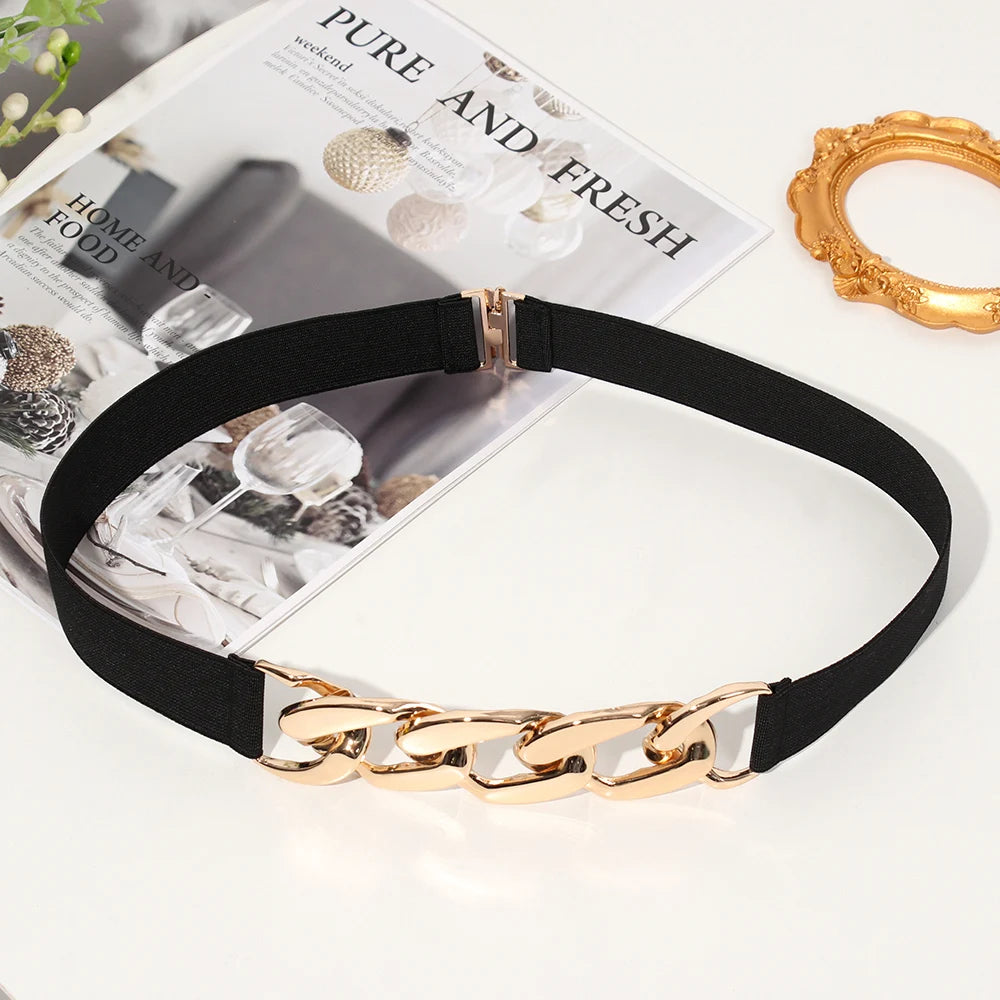 Elastic Women Belt Punk Fashion Women Elastic Belts Gold Silver Metal Chain Waist Strap For Dress Coat Suit Decorative Waistband