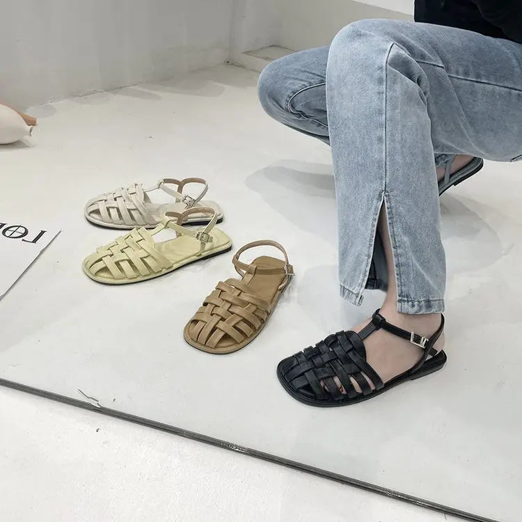 Frauen Flach Römisch Sandalen Sommer Neu Casual Runder Kopf Leicht Rutschfest Gewebt Schuhe Sommer Einfarbig Schnalle Hausschuhe