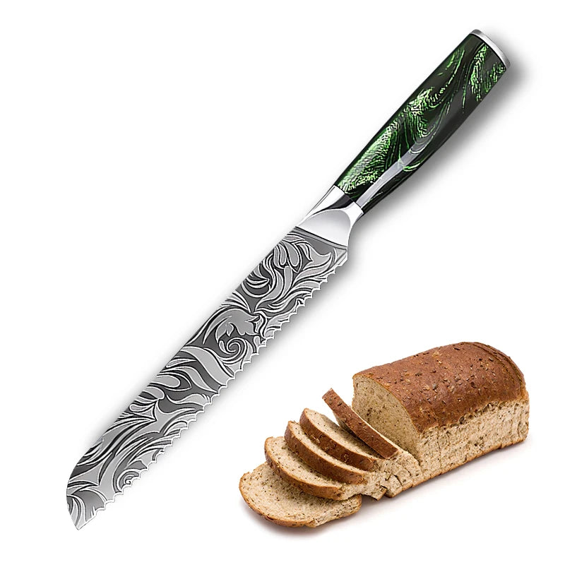 Super Sharp Damascus Pattern Kitchen Knife Set High Quality Chef Santoku Boning Paring Knife Series Green Resin Handle Nice Gift