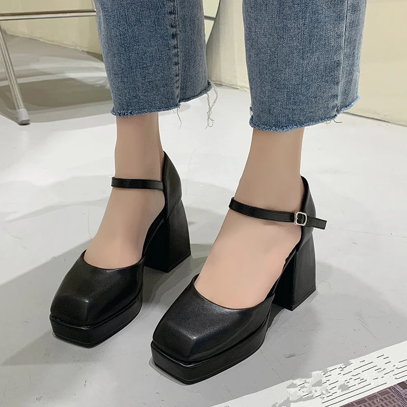 Thick-heeled High-heeled Shoes for Women 2024 Spring and Summer New Waterproof Platform Simple Black Thick-soled Elegant Shoes