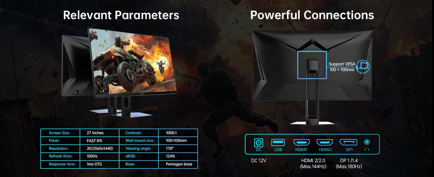 (H27T22 Upgraded Version)KTC H27T22C 27" Gaming Monitor 2560x1440 QHD 16:9 ELED 180Hz Fast IPS Panel Screen 1msGTG Response Time