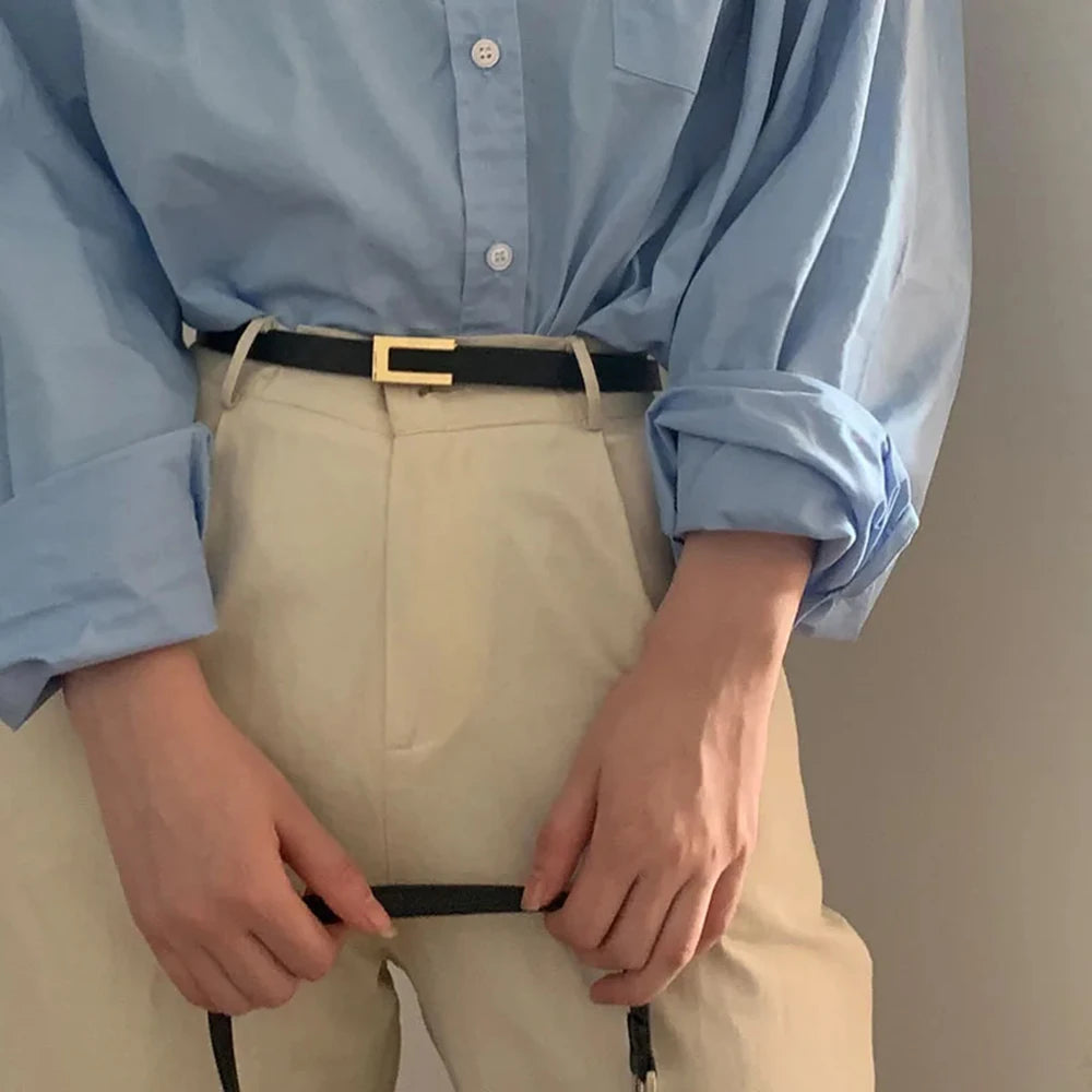 New Luxury Women Thin Belt Black Gold Silver Metal Buckle Belt PU Casual Leather Waist Belt Trouser Dress Decoration Waistband