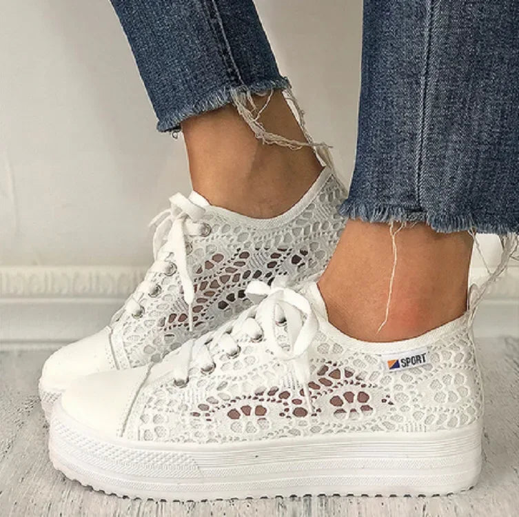 Women Shoes 2025 Fashion Summer Casual White Shoes Cutouts Lace Canvas Hollow Breathable Platform Flat Shoes Woman Sneakers