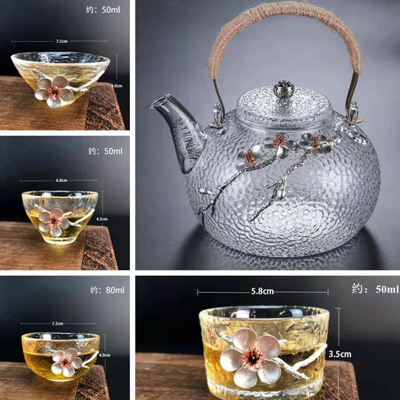 Japanese-style Hammer Pattern High Temperature Resistant Glass Tin Flower Copper Handle Beam Pot Teapot Glass Tea Set