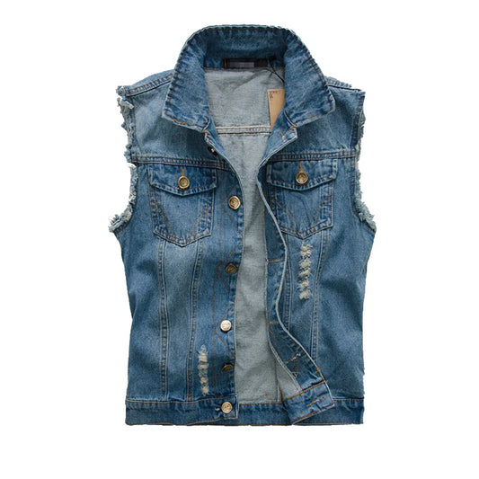 Vestă denim pentru bărbați, fără mâneci, bumbac, retro, streetwear, ruptă, albastră, bluză, moda hip hop, îmbrăcăminte pentru bărbați