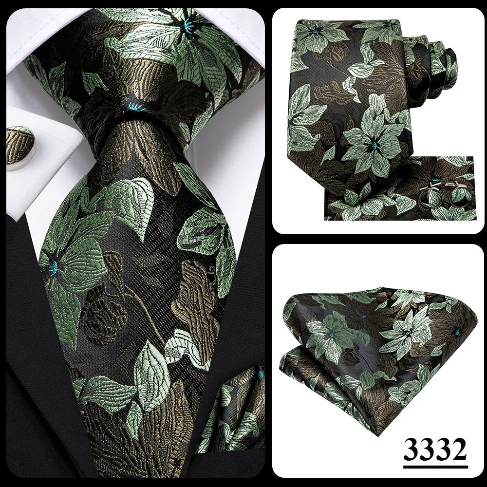 Set de cravate bărbătești din mătase Hi-Tie, model floral, cravate și batiste aurii galbene, set de butoni, costum de nuntă pentru bărbați, cravată la modă C-3053