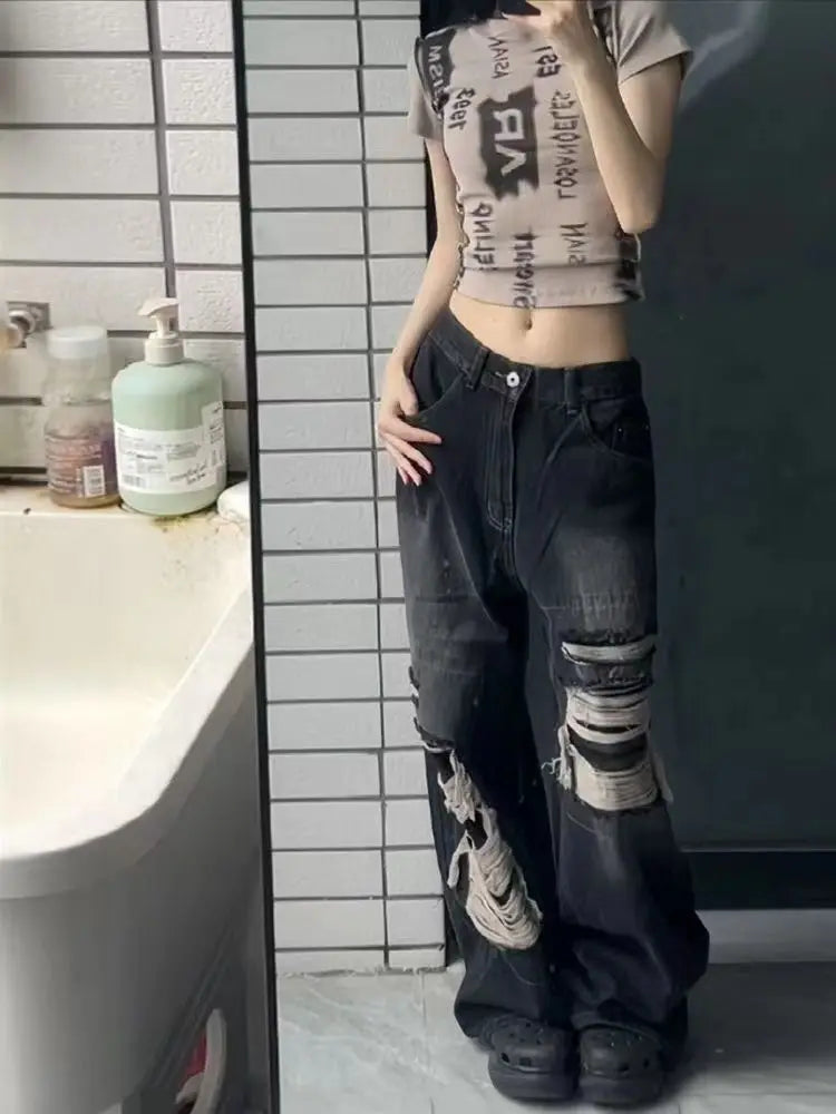 Jeans Women Hot Girls High Waist Chic Straight Trousers Simple Ripped American Street Loose Fall Fashion Leisure Newly All-match