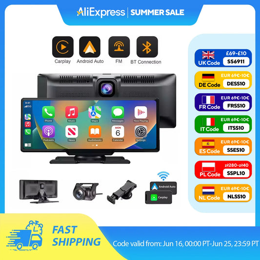 Cameră auto DVR 4K cu ecran tactil de 10,26" - Înregistrator video wireless cu Apple CarPlay și Android Auto cu obiectiv dublu