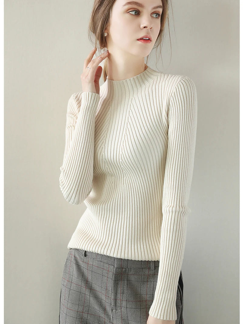 Pulover Livia cu guler înalt slim, cu nervuri - S-XL, mânecă lungă