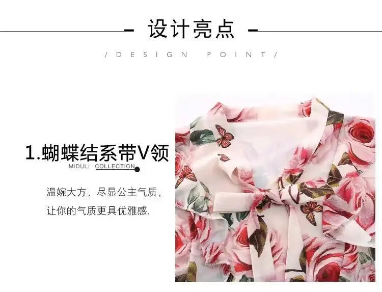 Elegant Fashion Floral Printed Bow Drawstring Chiffon Shirt Summer 2023 V-Neck Three Quarter Sleeve Slim Blouse Women's Clothing