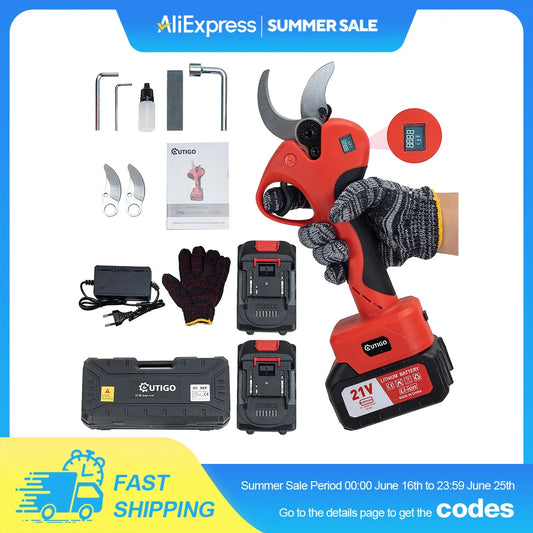 OUTIGO Elektrische Gartenschere - 40mm mit Display 2x 3.0Ah Akkus für Obstbäume und Weinberge Karbonstahl