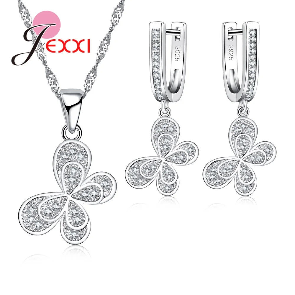 Full of White Zircons Cute Double Butterfly Jewelry Set For Women Party 925 Sterling Silver Necklaces With Earring Fashion