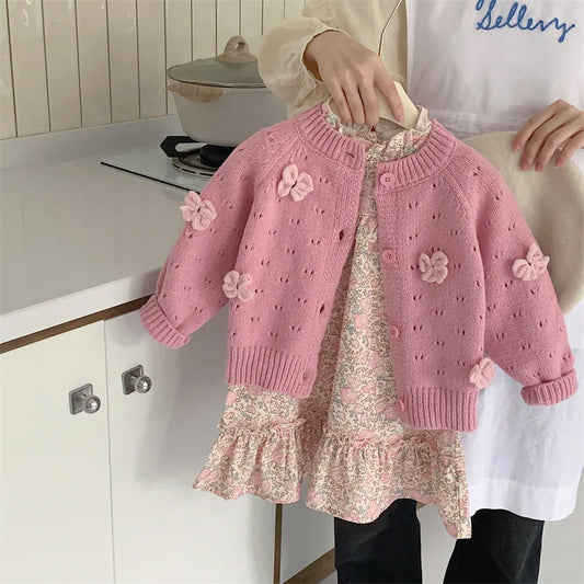 Girls Floral Set Infant Baby 2Pcs Autumn Outfit with Knit Cardigan Bow Sweater And Princess Dress Children Kids Sweet Style