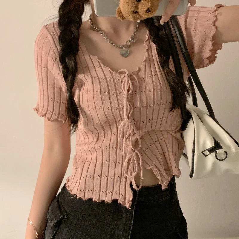 Knitted TShirt For Women V-neck Summer Simple Versatile Casual Crop Tops Bandage Ribbed Short Sleeve Women's Top T-Shirt Girl