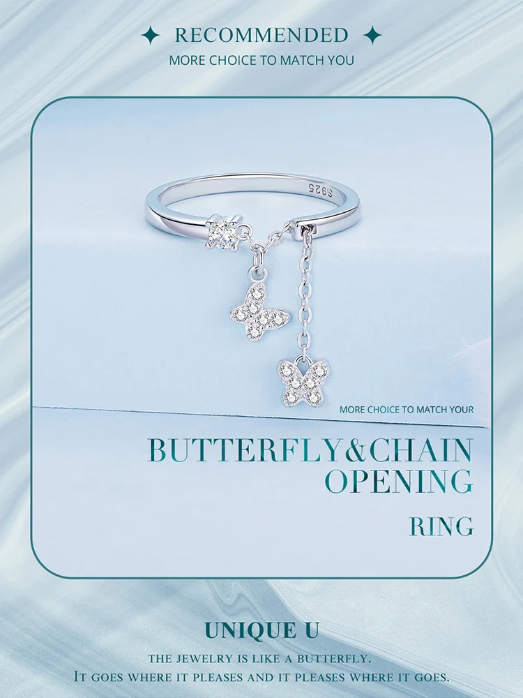 WOSTU 925 Sterling Silver Butterfly Link Open Rings For Women Delicate Shiny Zircon Adjustable Ring Fine Party Jewelry Gift