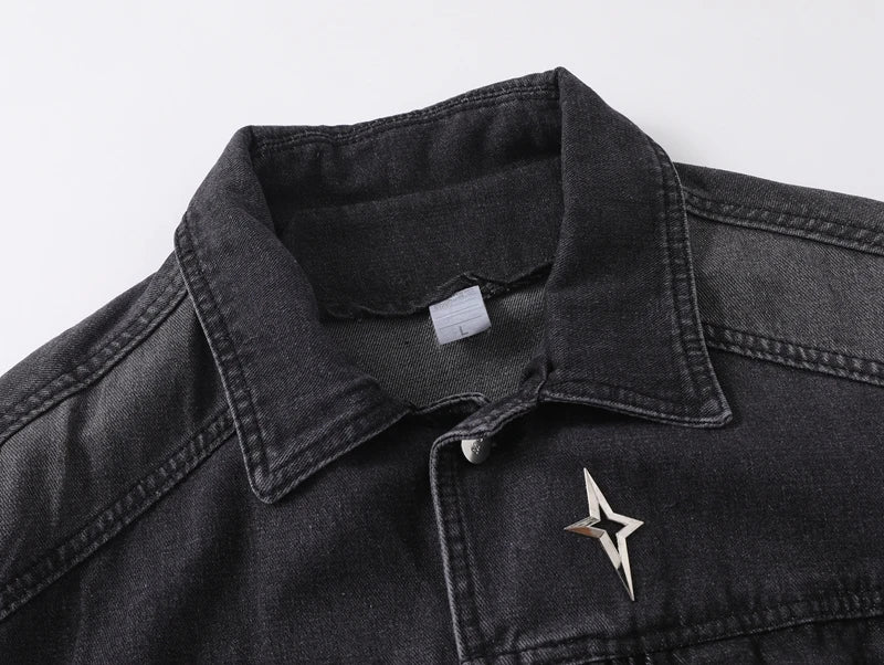 Washed Black Cargo Denim Jacket Men Baggy Zip Up Distressed Outerwear American High Street Blue Loose Casual Jeans Jacket