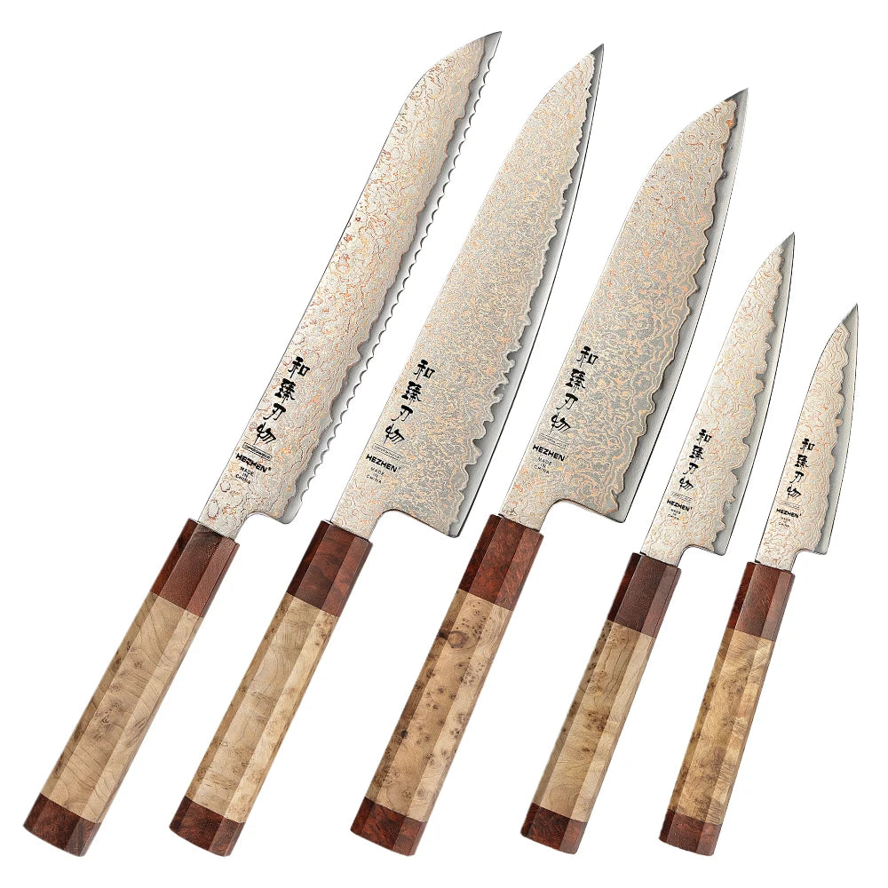 HEZHEN 1-5PC Knife Set 37 Layers Tricolour Copper Damascus Steel Chef Knife Classic Octagonal Handle Kitchen Knives Gift Box