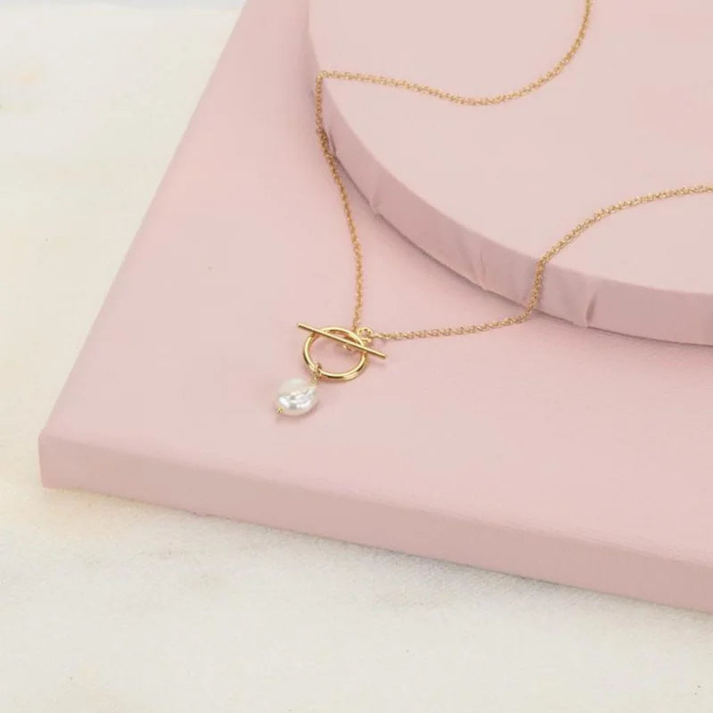 Gold Filled Chain Necklace with Mini Toggle Closure , Silver Pearl Pendant Layering Necklaces, Jewelry Gift for Her