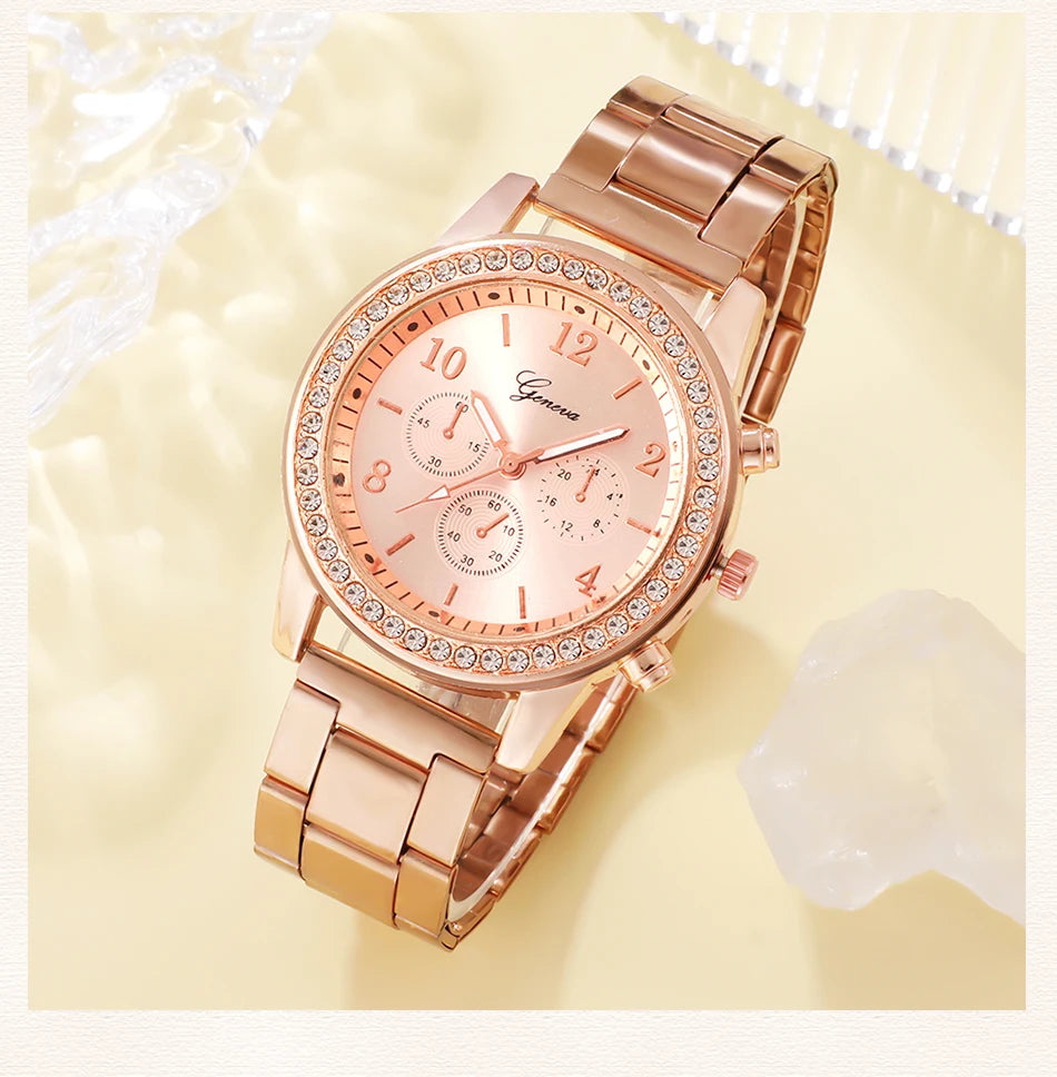RoséLuxe 6er Set Roségold Schmuckuhr- Strass 38mm Edelstahl