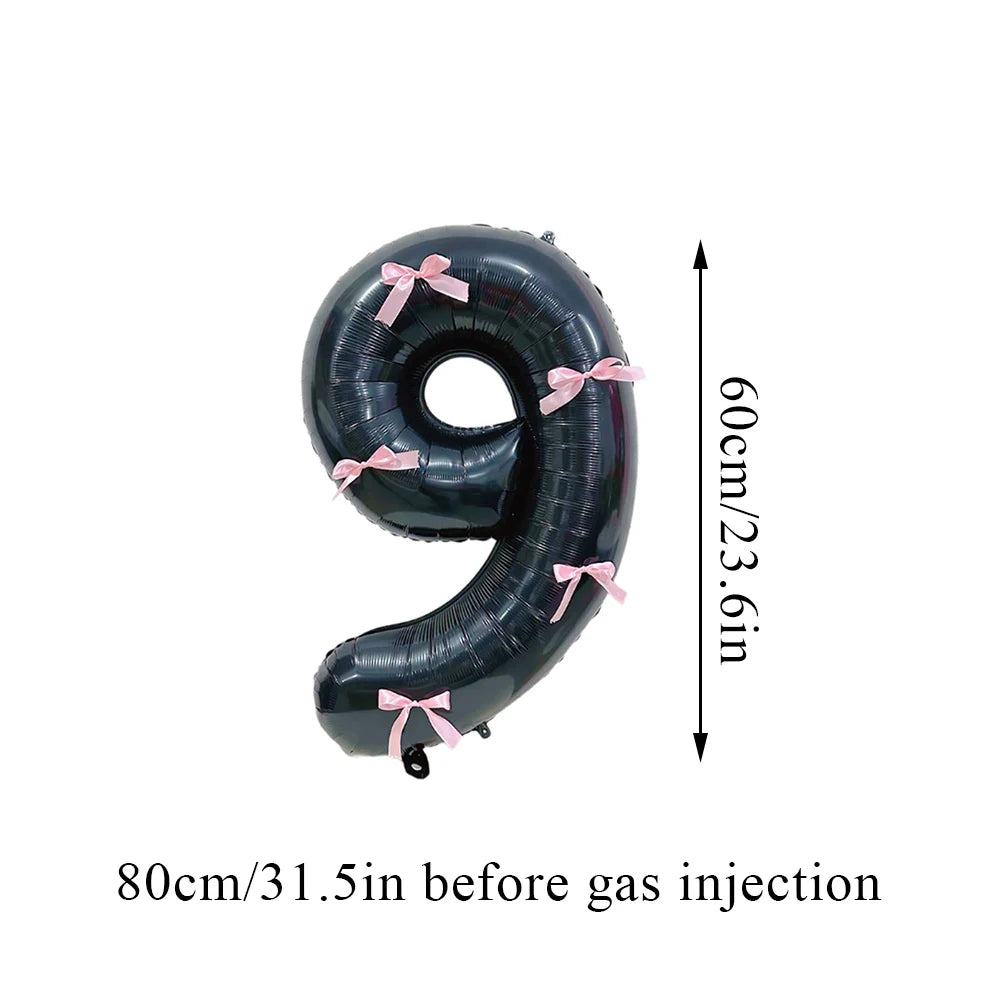 Black Number Balloons Aluminum Film Balloons With Pink Bow for Kids Boy Girl Birthday Party Decorations 0-9 Numbers