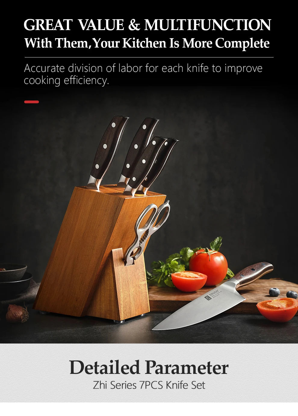 XINZUO 7PCS Knife Set German 1.4116 Stainless Steel Utility Slicing Chef Fruit Santoku Knives Multifunction Kitchen Scissors