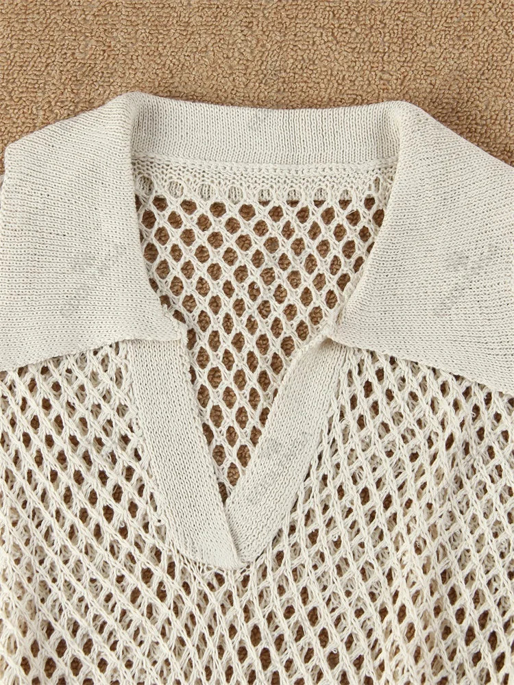 Rochie mini tricotată de plajă, culoare solidă - Rochie elegantă de vară pentru femei, detalii decorative, mânecă lungă - Rochie de baie tip guler, stil boho, pentru sărbători, lejeră, pentru plajă